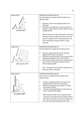 15


Ângulo de 60°   CONSTRUIR UM ÂNGULO DE 60°
                Na construção de um ângulo de 60°procedemos do
                seguinte modo:

                1.   Alinhamos o lado menor (ângulo de 60°) com a
                     linha base;
                2.   Movemos o esquadro para o vértice indicado “V”,
                     traçamos a linha conforme mostra a figura e temos
                     o ângulo pedido.

                     OBS: Se colocarmos o lado maior sobre a linha base
                     podemos construir o ângulo do mesmo modo. Vai
                     aparecer o ângulo de 60° no lado esquerdo e o de
                     30° no lado direito, marque o de 60°, no lado
                     esquerdo.

Ângulo de 75°   CONSTRUIR UM ÂNGULO DE 75°
                Na construção de um ângulo de 75° fazemos assim:

                1.   Fixamos o esquadro de 45° com um dos lados
                     (ângulo de 45°) sobre a linha base;
                2.   Colocamos o esquadro de 60°, com o ângulo de 30°
                     adjacente ao ângulo de 45° na linha de base;
                3.   Como mostra a figura, movemos o esquadro de 60°
                     para o vértice “V” indicado, traçamos a linha e
                     temos o ângulo pedido.

                     OBS: - O esquadro de 45° pode ser colocado com o
                     lado maior sobre a linha base.

Ângulo de 90°   CONSTRUIR UM ÂNGULO DE 90°
                Para construir um ângulo de 90° procedemos do
                seguinte modo:

                1.   Fixamos o esquadro de 60° com o lado menor
                     (ângulos de 90° e 60°) sobre a linha base;
                2.   Movemos o esquadro para o vértice “V”, dado,
                     como mostra a figura;
                3.   Traçamos a linha perpendicular à linha de base e
                     temos o ângulo de 90° pedido.

                     OBS: Podemos também usar o esquadro de 45°
                     colocando um dos lodos menores (ângulo de 90° e
                     45°) sobre a linha base. Ou mesmo o esquadro de
                     60°, com o lado maior (ângulos de 30° e 90°).
 