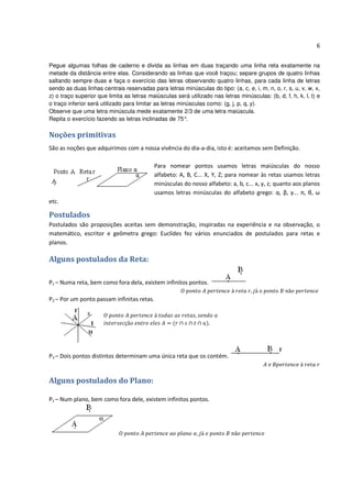 6


Pegue algumas folhas de caderno e divida as linhas em duas traçando uma linha reta exatamente na
metade da distância entre elas. Considerando as linhas que você traçou; separe grupos de quatro linhas
saltando sempre duas e faça o exercício das letras observando quatro linhas, para cada linha de letras
sendo as duas linhas centrais reservadas para letras minúsculas do tipo: (a, c, e, i, m, n, o, r, s, u, v, w, x,
z) o traço superior que limita as letras maiúsculas será utilizado nas letras minúsculas: (b, d, f, h, k, l, t) e
o traço inferior será utilizado para limitar as letras minúsculas como: (g, j, p, q, y).
Observe que uma letra minúscula mede exatamente 2/3 de uma letra maiúscula.
Repita o exercício fazendo as letras inclinadas de 75°    .

Noções primitivas
São as noções que adquirimos com a nossa vivência do dia-a-dia, isto é: aceitamos sem Definição.

                                           Para nomear pontos usamos letras maiúsculas do nosso
                                           alfabeto: A, B, C... X, Y, Z; para nomear às retas usamos letras
                                           minúsculas do nosso alfabeto: a, b, c... x, y, z; quanto aos planos
                                           usamos letras minúsculas do alfabeto grego: α, β, γ... π, θ, ω
etc.

Postulados
Postulados são proposições aceitas sem demonstração, inspiradas na experiência e na observação, o
matemático, escritor e geômetra grego: Euclides fez vários enunciados de postulados para retas e
planos.

Alguns postulados da Reta:

P1 – Numa reta, bem como fora dela, existem infinitos pontos.

P2 – Por um ponto passam infinitas retas.


                                                                  .




P3 – Dois pontos distintos determinam uma única reta que os contém.


Alguns postulados do Plano:

P1 – Num plano, bem como fora dele, existem infinitos pontos.
 
