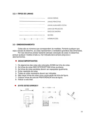 10
3.2.1 -TIPOS DE LINHAS
3.3 - DIMENSIONAMENTO
Cotas são os números que correspondem às medidas. Portanto qualquer que
seja a escala do desenho, as cotas representam a verdadeira grandeza das dimensões.
Por isso devemos prestar bastante atenção colocação da cotas no desenhos
porque qualquer medida errada ou mal indicada dará sempre prejuízos e
aborrecimentos.
DICAS IMPORTANTES:
1- Os algarismos das cotas são colocados ACIMA da linha de cotas.
2- As linhas de cotas NÃO INTERCEPTAM linhas auxiliares.
3- As linhas de cotas paralelas devem ser espaçadas igualmente.
4- Evitar repetição de cotas
5- Todas as cotas necessária devem ser indicadas
6- Não traçar linhas de cotas como continuação de linha de figura.
7- Colocar linhas de cota de PREFERÊNCIA fora da figura.
8- Indicar a cota total.
EVITE ESTES ERROS!!!
&
. / 0
1 23
.
24
24
 