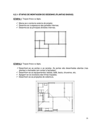 18
6.2.1- ETAPAS DE MONTAGEM DO DESENHO (PLANTAS BAIXAS)
ETAPA 1: Traços finos e a lápis.
Marca-se o contorno externo do projeto;
Desenha-se a espessura das paredes internas;
Desenha-se as principais divisões internas;
ETAPA 2: Traços finos e a lápis.
Desenham-se as portas e as janelas. As portas são desenhadas abertas (nas
plantas) e fechadas (em cortes e fachadas);
Desenham-se os equipamentos: balcão, bidê, bacia, chuveiros, etc;
Apagam-se os excessos das linhas traçadas;
Desenham-se as projeções de cobertura.
 