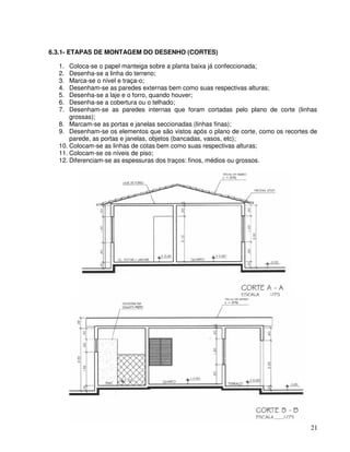 21
6.3.1- ETAPAS DE MONTAGEM DO DESENHO (CORTES)
1. Coloca-se o papel manteiga sobre a planta baixa já confeccionada;
2. Desenha-se a linha do terreno;
3. Marca-se o nível e traça-o;
4. Desenham-se as paredes externas bem como suas respectivas alturas;
5. Desenha-se a laje e o forro, quando houver;
6. Desenha-se a cobertura ou o telhado;
7. Desenham-se as paredes internas que foram cortadas pelo plano de corte (linhas
grossas);
8. Marcam-se as portas e janelas seccionadas (linhas finas);
9. Desenham-se os elementos que são vistos após o plano de corte, como os recortes de
parede, as portas e janelas, objetos (bancadas, vasos, etc);
10. Colocam-se as linhas de cotas bem como suas respectivas alturas;
11. Colocam-se os níveis de piso;
12. Diferenciam-se as espessuras dos traços: finos, médios ou grossos.
 