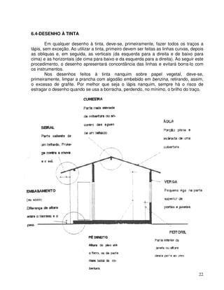 22
6.4-DESENHO À TINTA
Em qualquer desenho à tinta, deve-se, primeiramente, fazer todos os traços a
lápis, sem exceção. Ao utilizar a tinta, primeiro devem ser feitas as linhas curvas, depois
as obliquas e, em seguida, as verticais (da esquerda para a direita e de baixo para
cima) e as horizontais (de cima para baixo e da esquerda para a direita). Ao seguir este
procedimento, o desenho apresentará concordância das linhas e evitará borra-lo com
os instrumentos.
Nos desenhos feitos à tinta nanquim sobre papel vegetal, deve-se,
primeiramente, limpar a prancha com algodão embebido em benzina, retirando, assim,
o excesso de grafite. Por melhor que seja o lápis nanquim, sempre há o risco de
estragar o desenho quando se usa a borracha, perdendo, no mínimo, o brilho do traço.
 