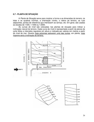 26
6.7 - PLANTA DE SITUAÇÃO
A Planta de Situação serve para mostrar a forma e as dimensões do terreno, os
lotes e as quadras vizinhas, a orientação (norte), o relevo do terreno, as ruas
adjacentes, pontos de referência que interessem ao serviço, etc. Em geral, são usadas
as escalas de 1:500, 1:1000 ou 1:2000.
As curvas de nível são colocadas nas plantas de situação para indicar a
inclinação natural do terreno. Cada curva de nível é representada a partir de planos de
corte feitos a intervalos regulares em altura e indicada por valores em metros a partir
do nível do mar. Quanto mais próximas estiverem uma das outras, em planta, mais
íngreme será a inclinação do terreno.
 