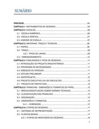 2
PREFÁCIO......................................................................................................................04
CAPÍTULO 1: INSTRUMENTOS DE DESENHO............................................................05
CAPÍTULO 2: ESCALAS.................................................................................................06
2.1 - ESCALA NUMÉRICA.... . ..................................................................................06
2.2 - ESCALA GRÁFICA ........ ..................................................................................07
2.3 -UNIDADE DE ESCALA ................... ..................................................................07
CAPÍTULO 3: MATERIAIS, TRAÇO E TÉCNICAS........................................................08
3.1- PAPÉIS .............................................................................................................08
3.2 - TRAÇO.............................................................................................................09
3.2.1 -TIPOS DE LINHAS..............................................................................09
3.3 – DIMENSIONAMENTO......................................................................................10
CAPÍTULO 4: FINALIDADES E TIPOS DE DESENHO.................................................11
4.1- INTRODUÇÃO AO PROJETO ARQUITETÔNICO ...........................................11
4.2- PROGRAMA DE NECESSIDADES ..................................................................11
4.3- ESBOÇOS OU CROQUIS ................................................................................11
4.4- ESTUDO PRELIMINAR ....................................................................................11
4.5- ANTEPROJETO.............................................. .................................................12
4.6- PROJETO EXECUTIVO (OU DE EXECUÇ ÃO)...............................................12
4.7 - PROJETO DE PREFEITURA...........................................................................12
CAPÍTULO 5: PRANCHAS - DIMENSÕES E FORMATOS DO PAPEL........................13
5.1.- BREVECONCEITUAÇÃO SOBRE NORMAS TÉCNICAS ...............................13
5.2 - CLASSIFICAÇÃO DAS PRANCHAS ...............................................................13
5.3 - DESIGNAÇÃO .................................................................................................13
5.4 - DIMENSÕES E FORMATOS............................................................................14
5.4.1 – DOBRAGEM.......................................................................................15
CAPÍTULO 6: ETAPAS DO DESENHO..........................................................................17
6.1 - SISTEMAS DE REPRESENTAÇÃO.. ..............................................................17
6.2 -.PLANTAS BAIXAS...........................................................................................17
6.2.1- ETAPAS DE MONTAGEM DO DESENHO ............................................18
 