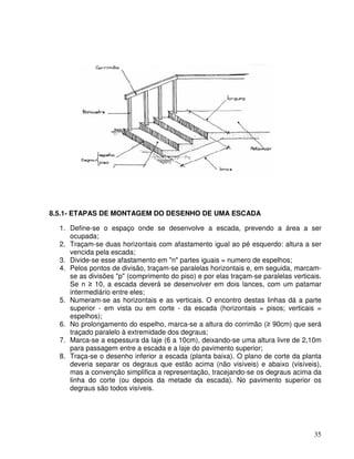 35
8.5.1- ETAPAS DE MONTAGEM DO DESENHO DE UMA ESCADA
1. Define-se o espaço onde se desenvolve a escada, prevendo a área a ser
ocupada;
2. Traçam-se duas horizontais com afastamento igual ao pé esquerdo: altura a ser
vencida pela escada;
3. Divide-se esse afastamento em "n" partes iguais = numero de espelhos;
4. Pelos pontos de divisão, traçam-se paralelas horizontais e, em seguida, marcam-
se as divisões "p" (comprimento do piso) e por elas traçam-se paralelas verticais.
Se n 10, a escada deverá se desenvolver em dois lances, com um patamar
intermediário entre eles;
5. Numeram-se as horizontais e as verticais. O encontro destas linhas dá a parte
superior - em vista ou em corte - da escada (horizontais = pisos; verticais =
espelhos);
6. No prolongamento do espelho, marca-se a altura do corrimão ( 90cm) que será
traçado paralelo à extremidade dos degraus;
7. Marca-se a espessura da laje (6 a 10cm), deixando-se uma altura livre de 2,10m
para passagem entre a escada e a laje do pavimento superior;
8. Traça-se o desenho inferior a escada (planta baixa). O plano de corte da planta
deveria separar os degraus que estão acima (não visíveis) e abaixo (visíveis),
mas a convenção simplifica a representação, tracejando-se os degraus acima da
linha do corte (ou depois da metade da escada). No pavimento superior os
degraus são todos visíveis.
 