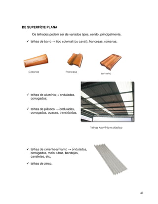 42
DE SUPERFÍCIE PLANA
Os telhados podem ser de variados tipos, sendo, principalmente,
telhas de barro tipo colonial (ou canaI), francesas, romanas;
telhas de alumínio onduladas,
corrugadas;
telhas de plástico onduladas,
corrugadas, opacas, translúcidas;
telhas de cimento-amianto onduladas,
corrugadas, meio-tubos, bandejas,
canaletes, etc;
telhas de zinco.
(
"#' (
, B
! +(
C'
DE
(!#( #!E '
#
#!#
 