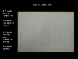 Projeção vista de frente
1- Projeção
vista de
frente e atrás
2- Projeção
vista por cima
(planta)
3- Projeção
vista dos
lados
(esquerdo e
direito)
4- Projeção
por baixo
 