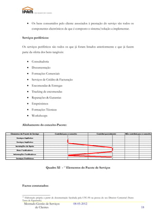 •   Os bens consumidos pelo cliente associados à prestação do serviço são todos os
           componentes electrónicos de que é composto o sistema/solução a implementar.

Serviços periféricos:

Os serviços periféricos são todos os que já foram listados anteriormente e que já fazem
parte da oferta dos bens tangíveis:

       •   Consultadoria
       •   Documentação
       •   Formações Comerciais
       •   Serviços de Crédito & Facturação
       •   Encomendas & Entregas
       •   Tracking de encomendas
       •   Reparações & Garantias
       •   Empréstimos
       •   Formações Técnicas
       •   Workshoops

Alinhamento do conceito-Pacote:




                       Quadro XI - 13 Elementos do Pacote de Serviços




Factos constatados:


13
  Elaboração própria a partir de documentação facultada pela UTC-FS na pessoa do seu Director Comercial (Nuno
Tasso de Figueiredo).
     Mestrado Gestão de Serviços                  08-05-2012
             de Clientes                                                                                        18
 