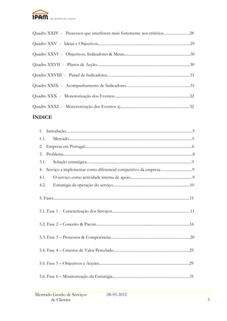 Quadro XXIV - Processos que interferem mais fortemente nos critérios..........................28

Quadro XXV - Ideias e Objectivos............................................................................................29

Quadro XXVI - Objectivos, Indicadores & Metas..................................................................30

Quadro XXVII - Planos de Acção.............................................................................................30

Quadro XXVIII - Painel de Indicadores...................................................................................31

Quadro XXIX - Acompanhamento de Indicadores................................................................31

Quadro XXX - Monotorização dos Eventos...........................................................................32

Quadro XXXI - Monotorização dos Eventos a).....................................................................32

ÍNDICE

     1. Introdução..............................................................................................................................5
     1.1.        Mercado...........................................................................................................................5
     2. Empresa em Portugal...........................................................................................................6
     3. Problema.................................................................................................................................8
     3.1.        Solução estratégica.........................................................................................................9
     4. Serviço a implementar como diferencial competitivo da empresa................................9
     4.1.        O serviço como actividade interna de apoio..............................................................9
     4.2.        Estratégia da operação do serviço.............................................................................10

     5. Fases........................................................................................................................................11

     5.1. Fase 1 - Caracterízação dos Serviços..............................................................................11

     5.2. Fase 2 – Conceito & Pacote.............................................................................................16

     5.3. Fase 3 – Processos & Competências...............................................................................20

     5.4. Fase 4 – Critérios de Valor Percebido............................................................................25

     5.5. Fase 5 – Objectivos e Acções..........................................................................................29

     5.6. Fase 6 – Monitorização da Estratégia.............................................................................31


 Mestrado Gestão de Serviços                                        08-05-2012
         de Clientes                                                                                                                                      3
 