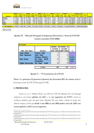 Quadro IV - 4Mercado Português da Segurança Electrónica e “share da UTC-FS“
                                    (valores estimados YTD x000€)




                             Quadro V - 5 Nº de parceiros da UTC-FS

6
    Nota: Nos primeiros 25 parceiros (clientes) são facturados 80% do volume total de
Facturação anual da UTC-FS Portugal (3,9 M€).

3. PROBLEMA

          Como se viu o “Market Share” em 2010 da UTC-FS (Quadro IV) em Portugal
    traduziu-se, em termos globais em 4,6% e no seu segmento em 17,71%. Como se
    verificou também, quer um quer outro (Quadro IV) tem vindo a decaír ao longo dos
    últimos tempos, sendo que desde o ano 2006 ao ano 2010 perdeu cerca de 1,60% em
    termos globais e 6,16% no seu segmento.

4
  Elaboração própria a partir de documentação facultada pela UTC-FS na pessoa do seu Director Comercial (Nuno Tasso
de Figueiredo).
5
  Elaboração própria a partir de documentação facultada pela UTC-FS na pessoa do seu Director Comercial (Nuno Tasso
de Figueiredo).
6
  Elaboração própria a partir de documentação facultada pela UTC-FS na pessoa do seu Director Comercial (Nuno Tasso
de Figueiredo).
    Mestrado Gestão de Serviços                     08-05-2012
            de Clientes                                                                                               8
 