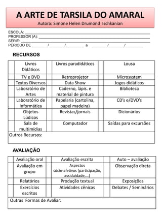 A ARTE DE TARSILA DO AMARAL
               Autora: Simone Helen Drumond Ischkanian
ESCOLA: _______________________________________________________________
PROFESSOR (A): ________________________________________________________
SÉRIE: _________________________________________________________________
PERIODO DE ________/________/_________ a ________/________/_________

  RECURSOS
       Livros           Livros paradidáticos                 Lousa
      Didáticos
      TV e DVD             Retroprojetor                  Microsystem
   Textos Diversos          Data Show                    Jogos didáticos
   Laboratório de        Caderno, lápis. e                 Biblioteca
        Artes           material de pintura
   Laboratório de       Papelaria (cartolina,             CD’s e/DVD’s
     Informática          papel madeira)
       Objetos            Revistas/jornais                 Dicionários
       Lúdicos
       Sala de             Computador                 Saídas para excursões
     multimídias
Outros Recursos:


  AVALIAÇÃO
    Avaliação oral        Avaliação escrita               Auto – avaliação
    Avaliação em                Aspectos                 Observação direta
        grupo         sócio-afetivos (participação,
                            assiduidade,...)
    Relatórios           Produção textual                   Exposições
     Exercícios         Atividades cênicas              Debates / Seminários
      escritos
Outras Formas de Avaliar:
 