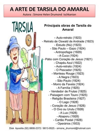 A ARTE DE TARSILA DO AMARAL
           Autora : Simone Helen Drumond Ischkanian


                             Principais obras de Tarsila do
                                         Amaral

                                      - Auto-retrato (1923)
                           - Retrato de Oswald de Andrade (1923)
                                       - Estudo (Nú) (1923)
                                  - São Paulo – Gazo (1924)
                                       - Antropofagia (1929)
                                            - A Cuca (1924)
                            - Pátio com Coração de Jesus (1921)
                                       - Chapéu Azul (1922)
                                        - Auto-retrato (1924)
                                        - O Pescador (1925)
                                    - Manteau Rouge (1923)
                                           - A Negra (1923)
                                         - São Paulo (1924)
                                   - Morro da Favela (1924)
                                          - A Família (1925)
                                 - Vendedor de Frutas (1925)
                                - Paisagem com Touro (1925)
                                  - Religião Brasileira (1927)
                                            - O Lago (1928)
                                  - Coração de Jesus (1926)
                                    - O Ovo ou Urutu (1928)
                                             - A Lua (1928)
                                           - Abaporu (1928)
                                      - Cartão Postal (1928)
                                         - Operários (1933)
Disk Apostila (92) 8808-2372 / 8813-9525 - simone_drumond@hotmail.com
 