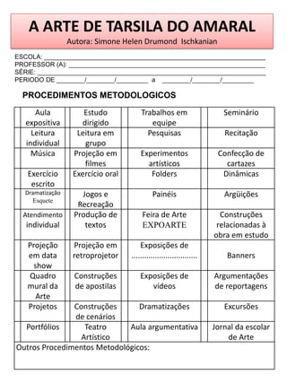 A ARTE DE TARSILA DO AMARAL
                 Autora: Simone Helen Drumond Ischkanian
ESCOLA: _______________________________________________________________
PROFESSOR (A): ________________________________________________________
SÉRIE: _________________________________________________________________
PERIODO DE ________/________/_________ a ________/________/_________

  PROCEDIMENTOS METODOLOGICOS

      Aula           Estudo            Trabalhos em                     Seminário
   expositiva       dirigido              equipe
     Leitura       Leitura em            Pesquisas                      Recitação
   individual        grupo
     Música       Projeção em          Experimentos                   Confecção de
                     filmes              artísticos                     cartazes
   Exercício      Exercício oral          Folders                      Dinâmicas
    escrito
  Dramatização      Jogos e                 Painéis                     Argüições
    Esquete
                   Recreação
  Atendimento     Produção de           Feira de Arte                  Construções
   individual        textos             EXPOARTE                      relacionadas à
                                                                     obra em estudo
   Projeção       Projeção em          Exposições de
   em data        retroprojetor    ...............................       Banners
     show
   Quadro         Construções          Exposições de                 Argumentações
   mural da       de apostilas            vídeos                     de reportagens
      Arte
   Projetos    Construções      Dramatizações                           Excursões
               de cenários
  Portfólios      Teatro     Aula argumentativa                      Jornal da escolar
                 Artístico                                               de Arte
Outros Procedimentos Metodológicos:
 