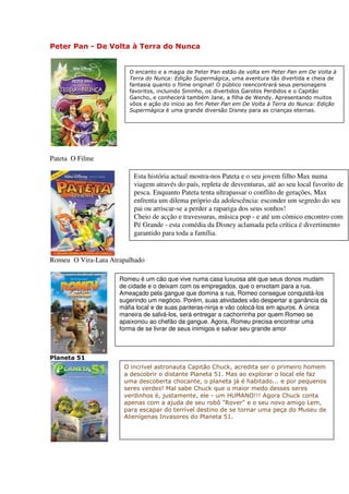 Peter Pan - De Volta à Terra do Nunca


                        O encanto e a magia de Peter Pan estão de volta em Peter Pan em De Volta à
                        Terra do Nunca: Edição Supermágica, uma aventura tão divertida e cheia de
                        fantasia quanto o filme original! O público reencontrará seus personagens
                        favoritos, incluindo Sininho, os divertidos Garotos Perdidos e o Capitão
                        Gancho, e conhecerá também Jane, a filha de Wendy. Apresentando muitos
                        vôos e ação do início ao fim Peter Pan em De Volta à Terra do Nunca: Edição
                        Supermágica é uma grande diversão Disney para as crianças eternas.




Pateta O Filme

                          Esta história actual mostra-nos Pateta e o seu jovem filho Max numa
                          viagem através do país, repleta de desventuras, até ao seu local favorito de
                          pesca. Enquanto Pateta tenta ultrapassar o conflito de gerações, Max
                          enfrenta um dilema próprio da adolescência: esconder um segredo do seu
                          pai ou arriscar-se a perder a rapariga dos seus sonhos!
                          Cheio de acção e travessuras, música pop - e até um cómico encontro com
                          Pé Grande - esta comédia da Disney aclamada pela crítica é divertimento
                          garantido para toda a família.


Romeu O Vira-Lata Atrapalhado

                     Romeu é um cão que vive numa casa luxuosa até que seus donos mudam
                     de cidade e o deixam com os empregados, que o enxotam para a rua.
                     Ameaçado pela gangue que domina a rua, Romeo consegue conquistá-los
                     sugerindo um negócio. Porém, suas atividades vão despertar a ganância da
                     máfia local e de suas panteras-ninja e vão colocá-los em apuros. A única
                     maneira de salvá-los, será entregar a cachorrinha por quem Romeo se
                     apaixonou ao chefão da gangue. Agora, Romeu precisa encontrar uma
                     forma de se livrar de seus inimigos e salvar seu grande amor



Planeta 51
                      O incrível astronauta Capitão Chuck, acredita ser o primeiro homem
                      a descobrir o distante Planeta 51. Mas ao explorar o local ele faz
                      uma descoberta chocante, o planeta já é habitado... e por pequenos
                      seres verdes! Mal sabe Chuck que o maior medo desses seres
                      verdinhos é, justamente, ele - um HUMANO!!! Agora Chuck conta
                      apenas com a ajuda de seu robô "Rover" e o seu novo amigo Lem,
                      para escapar do terrível destino de se tornar uma peça do Museu de
                      Alienígenas Invasores do Planeta 51.
 