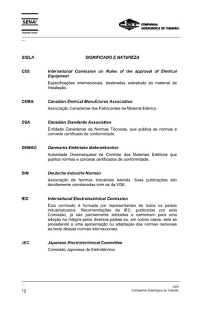 Espírito Santo
_________________________________________________________________________________________________
__




SIGLA                                  SIGNIFICADO E NATUREZA


CEE              International Comission on Rules of the approval of Eletrical
                 Equipment
                 Especificações internacionais, destinadas sobretudo ao material de
                 instalação.


CEMA             Canadian Eletrical Manufctures Association
                 Associação Canadense dos Fabricantes de Material Elétrico.


CSA              Canadian Standards Association
                 Entidade Canadense de Normas Técnicas, que publica as normas e
                 concede certificado de conformidade.


DEMKO            Danmarks Elektriske Materielkontrol
                 Autoridade Dinamarquesa de Controle dos Materiais Elétricos que
                 publica normas e concede certificados de conformidade.


DIN              Deutsche Industrie Normen
                 Associação de Normas Industriais Alemãs. Suas publicações são
                 devidamente coordenadas com as da VDE.


IEC              International Electrotechinical Comission
                 Esta comissão é formada por representantes de todos os países
                 industrializados. Recomendações da IEC, publicadas por esta
                 Comissão, já são parcialmente adotadas e caminham para uma
                 adoção na íntegra pelos diversos países ou, em outros casos, está se
                 procedendo a uma aproximação ou adaptação das normas nacionais
                 ao texto dessas normas internacionais.


JEC              Japanese Electrotechinical Committee
                 Comissão Japonesa de Eletrotécnica.




_________________________________________________________________________________________________
__
                                                                                               CST
12                                                                 Companhia Siderúrgica de Tubarão
 