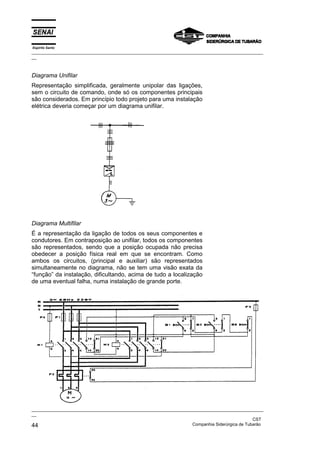 Espírito Santo
_________________________________________________________________________________________________
__



Diagrama Unifilar
Representação simplificada, geralmente unipolar das ligações,
sem o circuito de comando, onde só os componentes principais
são considerados. Em princípio todo projeto para uma instalação
elétrica deveria começar por um diagrama unifilar.




Diagrama Multifilar
É a representação da ligação de todos os seus componentes e
condutores. Em contraposição ao unifilar, todos os componentes
são representados, sendo que a posição ocupada não precisa
obedecer a posição física real em que se encontram. Como
ambos os circuitos, (principal e auxiliar) são representados
simultaneamente no diagrama, não se tem uma visão exata da
“função” da instalação, dificultando, acima de tudo a localização
de uma eventual falha, numa instalação de grande porte.




_________________________________________________________________________________________________
__
                                                                                               CST
44                                                                 Companhia Siderúrgica de Tubarão
 