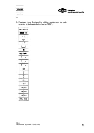 Espírito Santo
_________________________________________________________________________________________________
__



8. Escreva o nome do dispositivo elétrico representado por cada
   uma das simbologias abaixo (norma ABNT):




_________________________________________________________________________________________________
__
SENAI
Departamento Regional do Espírito Santo                                                       59
 