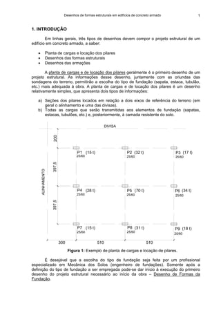 Desenhos de formas estruturais em edifícios de concreto armado 1
1. INTRODUÇÃO
Em linhas gerais, três tipos de desenhos devem compor o projeto estrutural de um
edifício em concreto armado, a saber:
• Planta de cargas e locação dos pilares
• Desenhos das formas estruturais
• Desenhos das armações
A planta de cargas e de locação dos pilares geralmente é o primeiro desenho de um
projeto estrutural. As informações desse desenho, juntamente com as oriundas das
sondagens do terreno, permitirão a escolha do tipo de fundação (sapata, estaca, tubulão,
etc.) mais adequada à obra. A planta de cargas e de locação dos pilares é um desenho
relativamente simples, que apresenta dois tipos de informações:
a) Seções dos pilares locados em relação a dois eixos de referência do terreno (em
geral o alinhamento e uma das divisas).
b) Todas as cargas que serão transmitidas aos elementos de fundação (sapatas,
estacas, tubulões, etc.) e, posteriormente, à camada resistente do solo.
510
ALINHAMENTO
397,5
300
397,5
(15 t)
25/60
P7
(28 t)
25/60
P4
200
(15 t)P1
25/60
DIVISA
510
(31 t)
25/60
P8
(70 t)
25/60
P5
(18 t)P9
25/60
(34 t)P6
25/60
(32 t)P2
25/60
(17 t)P3
25/60
Figura 1: Exemplo de planta de cargas e locação de pilares.
É desejável que a escolha do tipo de fundação seja feita por um profissional
especializado em Mecânica dos Solos (engenheiro de fundações). Somente após a
definição do tipo de fundação a ser empregada pode-se dar início à execução do primeiro
desenho do projeto estrutural necessário ao início da obra – Desenho de Formas da
Fundação.
 
