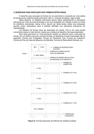Desenhos de formas estruturais em edifícios de concreto armado 2
2. DESENHOS PARA EXECUÇÃO DAS FORMAS ESTRUTURAIS
O desenho para execução de formas de um pavimento é composto por uma planta
da estrutura que sustenta aquele pavimento, isto é, o conjunto de pilares, vigas e lajes.
Neste desenho, os detalhes informados devem definir perfeitamente os elementos
estruturais por meio de suas dimensões e por sua localização em relação a eixos ou linhas
de referência importantes. Dessa forma, devem ser feitos tantos cortes e/ou elevações
quantos forem necessários para a perfeita definição dos elementos estruturais em
representação.
Um desenho de formas deve ser executado em escala 1:50 ou em outra escala
comumente usada no meio técnico, desde que a clareza do desenho não seja prejudicada.
Para cada pavimento ou “nível estrutural” existirá um desenho para a execução de
formas. Em um edifício usual em concreto armado, os desenhos a serem executados são os
seguintes: Formas das Fundações, Formas do Pavimento Tipo, Formas da Cobertura,
Formas do Piso da Casa de Máquina e do Barrilete, Formas do Reservatório Elevado, etc.
ÁTICO
FORMAS DAS
FUNDAÇÕES
PAV. TÉRREO
1° PAV.
3° PAV.
2° PAV.
FORMAS DO 2° PAV.
FORMAS DO 1° PAV.
FORMAS DO 4° PAV.
FORMAS DO 3° PAV.
FORMAS DO RESERVATÓRIO
ELEVADO
FORMAS DA COBERTURA DA
CASA DE MÁQUINAS
FORMAS DA COBERTURA DA CASA
DE MÁQUINAS E DO BARRILETE
C. MÁQ. BARR.
4° PAV.
ELEV.RES.
FORMAS DA
COBERTURA
Figura 2: Formas estruturais de edifícios de múltiplos andares
 