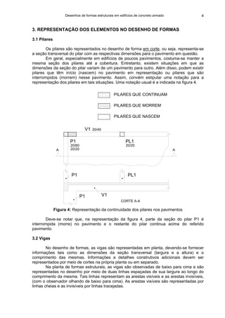 Desenhos de formas estruturais em edifícios de concreto armado 4
3. REPRESENTAÇÃO DOS ELEMENTOS NO DESENHO DE FORMAS
3.1 Pilares
Os pilares são representados no desenho de forma em corte, ou seja, representa-se
a seção transversal do pilar com as respectivas dimensões para o pavimento em questão.
Em geral, especialmente em edifícios de poucos pavimentos, costuma-se manter a
mesma seção dos pilares até a cobertura. Entretanto, existem situações em que as
dimensões da seção do pilar variam de um pavimento para outro. Além disso, podem existir
pilares que têm início (nascem) no pavimento em representação ou pilares que são
interrompidos (morrem) nesse pavimento. Assim, convém estipular uma notação para a
representação dos pilares em tais situações. Uma notação usual é a indicada na figura 4.
P1
P1 V1
V1
P1
20/60
20/20A
20/40
CORTE A-A
PL1
20/20
PL1
A
PILARES QUE NASCEM
PILARES QUE MORREM
PILARES QUE CONTINUAM
Figura 4: Representação da continuidade dos pilares nos pavimentos
Deve-se notar que, na representação da figura 4, parte da seção do pilar P1 é
interrompida (morre) no pavimento e o restante do pilar continua acima do referido
pavimento.
3.2 Vigas
No desenho de formas, as vigas são representadas em planta, devendo-se fornecer
informações tais como as dimensões da seção transversal (largura e a altura) e o
comprimento das mesmas. Informações e detalhes construtivos adicionais devem ser
representados por meio de cortes na própria planta ou em separado.
Na planta de formas estruturais, as vigas são observadas de baixo para cima e são
representadas no desenho por meio de duas linhas espaçadas de sua largura ao longo do
comprimento da mesma. Tais linhas representam as arestas visíveis e as arestas invisíveis,
(com o observador olhando de baixo para cima). As arestas visíveis são representadas por
linhas cheias e as invisíveis por linhas tracejadas.
 