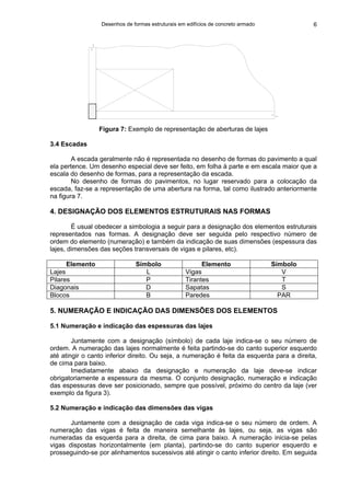 Desenhos de formas estruturais em edifícios de concreto armado 6
Figura 7: Exemplo de representação de aberturas de lajes
3.4 Escadas
A escada geralmente não é representada no desenho de formas do pavimento a qual
ela pertence. Um desenho especial deve ser feito, em folha à parte e em escala maior que a
escala do desenho de formas, para a representação da escada.
No desenho de formas do pavimentos, no lugar reservado para a colocação da
escada, faz-se a representação de uma abertura na forma, tal como ilustrado anteriormente
na figura 7.
4. DESIGNAÇÃO DOS ELEMENTOS ESTRUTURAIS NAS FORMAS
É usual obedecer a simbologia a seguir para a designação dos elementos estruturais
representados nas formas. A designação deve ser seguida pelo respectivo número de
ordem do elemento (numeração) e também da indicação de suas dimensões (espessura das
lajes, dimensões das seções transversais de vigas e pilares, etc).
Elemento Símbolo Elemento Símbolo
Lajes L Vigas V
Pilares P Tirantes T
Diagonais D Sapatas S
Blocos B Paredes PAR
5. NUMERAÇÃO E INDICAÇÃO DAS DIMENSÕES DOS ELEMENTOS
5.1 Numeração e indicação das espessuras das lajes
Juntamente com a designação (símbolo) de cada laje indica-se o seu número de
ordem. A numeração das lajes normalmente é feita partindo-se do canto superior esquerdo
até atingir o canto inferior direito. Ou seja, a numeração é feita da esquerda para a direita,
de cima para baixo.
Imediatamente abaixo da designação e numeração da laje deve-se indicar
obrigatoriamente a espessura da mesma. O conjunto designação, numeração e indicação
das espessuras deve ser posicionado, sempre que possível, próximo do centro da laje (ver
exemplo da figura 3).
5.2 Numeração e indicação das dimensões das vigas
Juntamente com a designação de cada viga indica-se o seu número de ordem. A
numeração das vigas é feita de maneira semelhante às lajes, ou seja, as vigas são
numeradas da esquerda para a direita, de cima para baixo. A numeração inicia-se pelas
vigas dispostas horizontalmente (em planta), partindo-se do canto superior esquerdo e
prosseguindo-se por alinhamentos sucessivos até atingir o canto inferior direito. Em seguida
 