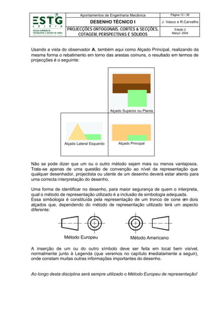 Apontamentos de Engenharia Mecânica

Página 12 / 36

DESENHO TÉCNICO I

J. Vasco e R.Carvalho

PROJECÇÕES ORTOGONAIS, CORTES & SECÇÕES,
COTAGEM, PERSPECTIVAS E SÓLIDOS

Edição 2
Março’ 2004

Usando a vista do observador A, também aqui como Alçado Principal, realizando da
mesma forma o rebatimento em torno das arestas comuns, o resultado em termos de
projecções é o seguinte:

Alçado Superior ou Planta

Alçado Lateral Esquerdo

Alçado Principal

Não se pode dizer que um ou o outro método sejam mais ou menos vantajosos.
Trata-se apenas de uma questão de convenção ao nível da representação que
qualquer desenhador, projectista ou utente de um desenho deverá estar atento para
uma correcta interpretação do desenho.
Uma forma de identificar no desenho, para maior segurança de quem o interpreta,
qual o método de representação utilizado é a inclusão de simbologia adequada.
Essa simbologia é constituída pela representação de um tronco de cone em dois
alçados que, dependendo do método de representação utilizado terá um aspecto
diferente:

Método Europeu

Método Americano

A inserção de um ou do outro símbolo deve ser feita em local bem visível,
normalmente junto à Legenda (que veremos no capítulo imediatamente a seguir),
onde constam muitas outras informações importantes do desenho.

Ao longo desta disciplina será sempre utilizado o Método Europeu de representação!

 
