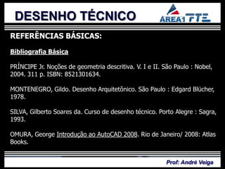 DESENHO TÉCNICO
REFERÊNCIAS BÁSICAS:

Bibliografia Básica

PRÍNCIPE Jr. Noções de geometria descritiva. V. I e II. São Paulo : Nobel,
2004. 311 p. ISBN: 8521301634.

MONTENEGRO, Gildo. Desenho Arquitetônico. São Paulo : Edgard Blücher,
1978.

SILVA, Gilberto Soares da. Curso de desenho técnico. Porto Alegre : Sagra,
1993.

OMURA, George Introdução ao AutoCAD 2008. Rio de Janeiro/ 2008: Atlas
Books.


                                                         Prof: André Veiga
 