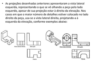 • As projeções desenhadas anteriores apresentaram a vista lateral
esquerda, representando o que se vê olhando a peça pelo lado
esquerdo, apesar de sua projeção estar à direita da elevação. Nos
casos em que o maior número de detalhes estiver colocado no lado
direito da peça, usa-se a vista lateral direita, projetando-a à
esquerda da elevação, conforme exemplos abaixo:
 