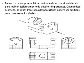 • Em certos casos, porém, há necessidade de se usar duas laterais
para melhor esclarecimento de detalhes importantes. Quando isso
acontece, as linhas tracejadas desnecessárias podem ser omitidas,
como nos exemplos abaixo.
 