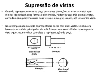 Supressão de vistas
• Quando representamos uma peça pelas suas projeções, usamos as vistas que
melhor identificam suas formas e dimensões. Podemos usar três ou mais vistas,
como também podemos usar duas vistas e, em alguns casos, até uma única vista.
• Nos exemplos abaixo estão representadas peças com duas vistas. Continuará
havendo uma vista principal – vista de frente - sendo escolhida como segunda
vista aquela que melhor complete a representação da peça.
 