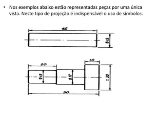 • Nos exemplos abaixo estão representadas peças por uma única
vista. Neste tipo de projeção é indispensável o uso de símbolos.
 