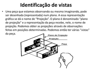 Identificação de vistas
• Uma peça que estamos observando ou mesmo imaginando, pode
ser desenhada (representada) num plano. A essa representação
gráfica se dá o nome de “Projeção”. O plano é denominado “plano
de projeção” e a representação da peça recebe, nele, o nome de
projeção. Podemos obter as projeções através de observações
feitas em posições determinadas. Podemos então ter várias “vistas”
da peça.
 