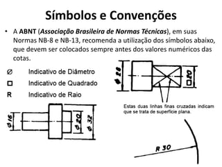Símbolos e Convenções
• A ABNT (Associação Brasileira de Normas Técnicas), em suas
Normas NB-8 e NB-13, recomenda a utilização dos símbolos abaixo,
que devem ser colocados sempre antes dos valores numéricos das
cotas.
 