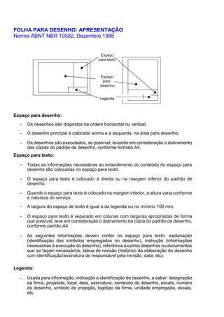 FOLHA PARA DESENHO: APRESENTAÇÃO
Norma ABNT NBR 10582, Dezembro 1988
Espaço
para texto
Espaço
para
desenho
Legenda
Espaço para desenho:
- Os desenhos são dispostos na ordem horizontal ou vertical.
- O desenho principal é colocado acima e à esquerda, na área para desenho.
- Os desenhos são executados, se possível, levando em consideração o dobramento
das cópias do padrão de desenho, conforme formato A4.
Espaço para texto:
- Todas as informações necessárias ao entendimento do conteúdo do espaço para
desenho são colocadas no espaço para texto.
- O espaço para texto é colocado à direita ou na margem inferior do padrão de
desenho.
- Quando o espaço para texto é colocado na margem inferior, a altura varia conforme
a natureza do serviço.
- A largura do espaço de texto é igual a da legenda ou no mínimo 100 mm.
- O espaço para texto é separado em colunas com larguras apropriadas de forma
que possível, leve em consideração o dobramento da cópia do padrão de desenho,
conforme padrão A4.
- As seguintes informações devem conter no espaço para texto: explanação
(identificação dos símbolos empregados no desenho), instrução (informações
necessárias à execução do desenho), referência a outros desenhos ou documentos
que se façam necessários, tábua de revisão (histórico da elaboração do desenho
com identificação/assinatura do responsável pela revisão, data, etc).
Legenda:
- Usada para informação, indicação e identificação do desenho, a saber: designação
da firma, projetista, local, data, assinatura, conteúdo do desenho, escala, número
do desenho, símbolo de projeção, logotipo da firma, unidade empregada, escala,
etc.
 