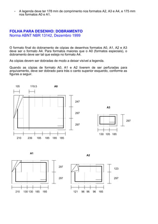 - A legenda deve ter 178 mm de comprimento nos formatos A2, A3 e A4, e 175 mm
nos formatos A0 e A1.
FOLHA PARA DESENHO: DOBRAMENTO
Norma ABNT NBR 13142, Dezembro 1999
O formato final do dobramento de cópias de desenhos formatos A0, A1, A2 e A3
deve ser o formato A4. Para formatos maiores que o A0 (formatos especiais), o
dobramento deve ser tal que esteja no formato A4.
As cópias devem ser dobradas de modo a deixar visível a legenda.
Quando as cópias de formato A0, A1 e A2 tiverem de ser perfuradas para
arquivamento, deve ser dobrado para trás o canto superior esquerdo, conforme as
figuras a seguir.
105 119.5 A0
247
A3
297
297
297
130 105 185
210 239 185 185 185 185
A1
A2
297
123
297 297
210 130 130 185 185 121 96 96 96 185
 