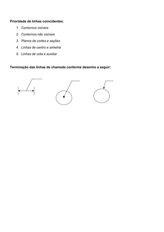 Prioridade de linhas coincidentes:
1. Contornos visíveis
2. Contornos não visíveis
3. Planos de cortes e seções
4. Linhas de centro e simetria
5. Linhas de cota e auxiliar
Terminação das linhas de chamada conforme desenho a seguir:
 