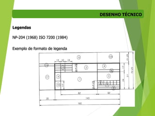 DESENHO TÉCNICO
20
Legendas
NP-204 (1968) ISO 7200 (1984)
Exemplo de formato de legenda
 