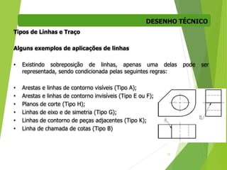 DESENHO TÉCNICO
31
Tipos de Linhas e Traço
Alguns exemplos de aplicações de linhas
• Existindo sobreposição de linhas, apenas uma delas pode ser
representada, sendo condicionada pelas seguintes regras:
• Arestas e linhas de contorno visíveis (Tipo A);
• Arestas e linhas de contorno invisíveis (Tipo E ou F);
• Planos de corte (Tipo H);
• Linhas de eixo e de simetria (Tipo G);
• Linhas de contorno de peças adjacentes (Tipo K);
• Linha de chamada de cotas (Tipo B)
 