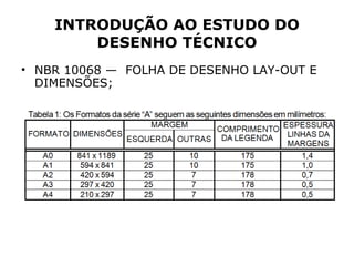 INTRODUÇÃO AO ESTUDO DO
        DESENHO TÉCNICO
• NBR 10068 — FOLHA DE DESENHO LAY-OUT E
  DIMENSÕES;
 