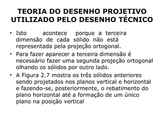 TEORIA DO DESENHO PROJETIVO
UTILIZADO PELO DESENHO TÉCNICO
• Isto      acontece    porque a terceira
  dimensão de cada sólido não está
  representada pela projeção ortogonal.
• Para fazer aparecer a terceira dimensão é
  necessário fazer uma segunda projeção ortogonal
  olhando os sólidos por outro lado.
• A Figura 2.7 mostra os três sólidos anteriores
  sendo projetados nos planos vertical e horizontal
  e fazendo-se, posteriormente, o rebatimento do
  plano horizontal até a formação de um único
  plano na posição vertical
 