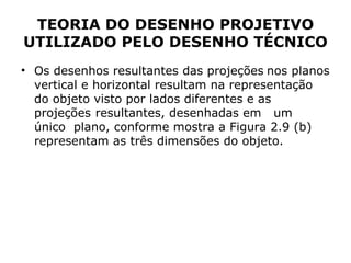 TEORIA DO DESENHO PROJETIVO
UTILIZADO PELO DESENHO TÉCNICO
• Os desenhos resultantes das projeções nos planos
  vertical e horizontal resultam na representação
  do objeto visto por lados diferentes e as
  projeções resultantes, desenhadas em um
  único plano, conforme mostra a Figura 2.9 (b)
  representam as três dimensões do objeto.
 