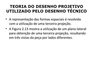 TEORIA DO DESENHO PROJETIVO
UTILIZADO PELO DESENHO TÉCNICO
• A representação das formas espaciais é resolvida
  com a utilização de uma terceira projeção.
• A Figura 2.13 mostra a utilização de um plano lateral
  para obtenção de uma terceira projeção, resultando
  em três vistas da peça por lados diferentes.
 