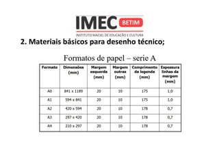 2. Materiais básicos para desenho técnico;
 
