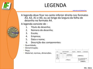 LEGENDA
                                             www.wix.com/ralecio/raa



A legenda deve ficar no canto inferior direito nos formatos
   A3, A2, A1 e A0, ou ao longo da largura da folha de
   desenho no formato A4.
A legenda consiste de :
      1.    Título do desenho;
      2.    Número do desenho;
      3.    Escala;
      4.    Empresa;
      5.    Data e nome;
      6.    Descrição dos componentes:
  •   Quantidade;
  •   Denominação;
  •   Peça;
  •   Material, normas, dimensões.




                                                                IFAL - Alécio
 