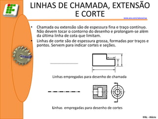 LINHAS DE CHAMADA, EXTENSÃO
           E CORTE                                    www.wix.com/ralecio/raa



• Chamada ou extensão são de espessura fina e traço contínuo.
  Não devem tocar o contorno do desenho e prolongam-se além
  da última linha de cota que limitam.
• Linhas de corte são de espessura grossa, formadas por traços e
  pontos. Servem para indicar cortes e seções.




           Linhas empregadas para desenho de chamada




           Linhas empregadas para desenho de cortes

                                                                         IFAL - Alécio
 
