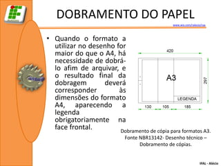 DOBRAMENTO DO PAPEL
                                               www.wix.com/ralecio/raa



• Quando o formato a
  utilizar no desenho for
  maior do que o A4, há
  necessidade de dobrá-
  lo afim de arquivar, e
  o resultado final da
  dobragem        deverá
  corresponder         às
  dimensões do formato
  A4, aparecendo a
  legenda
  obrigatoriamente na
  face frontal.        Dobramento de cópia para formatos A3.
                            Fonte NBR13142- Desenho técnico –
                                  Dobramento de cópias.


                                                                  IFAL - Alécio
 