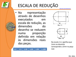 ESCALA DE REDUÇÃO                            www.wix.com/ralecio/raa



 • Na     representação
   através de desenhos
   executados       em
   escala de redução, as
   dimensões         do
   desenho se reduzem
   numa       proporção
   definida em relação
   às dimensões reais
                                         Na escala 1:2, significa que
   das peças.                            1mm no desenho
                                         corresponde a 2mm na peça
1:2   1:5   1:10   1:20   1:50   1:100   real.


                                                                      IFAL - Alécio
 