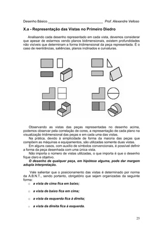 25
Desenho Básico ______________________________ Prof. Alexandre Velloso
X.a - Representação das Vistas no Primeiro Diedro
Analisando cada desenho representado em cada vista, devemos considerar
que apesar de estarmos vendo planos bidimensionais, existem profundidades
não visíveis que determinam a forma tridimensional da peça representada. É o
caso de reentrâncias, saliências, planos inclinados e curvaturas.
Observando as vistas das peças representadas no desenho acima,
podemos observar pela correlação de cores, a representação de cada plano na
visualização tridimensional das peças e em cada uma das vistas.
Na prática, devido à simplicidade de forma da maioria das peças que
compõem as máquinas e equipamentos, são utilizadas somente duas vistas.
Em alguns casos, com auxílio de símbolos convencionais, é possível definir
a forma da peça desenhada com uma única vista.
Não importa o número de vistas utilizadas, o que importa é que o desenho
fique claro e objetivo.
O desenho de qualquer peça, em hipótese alguma, pode dar margem
adupla interpretação.
Vale salientar que o posicionamento das vistas é determinado por norma
da A.B.N.T., sendo portanto, obrigatório que sejam organizadas da seguinte
forma:
o a vista de cima fica em baixo;
o a vista de baixo fica em cima;
o a vista da esquerda fica à direita;
o a vista da direita fica à esquerda.
 