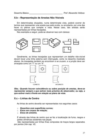 27
Desenho Básico ______________________________ Prof. Alexandre Velloso
X.b – Representação de Arestas Não Visíveis
Em determinadas situações, numa determinada vista, poderá ocorrer de
termos que representar uma aresta que está oculta, ou encoberta, por uma das
faces ou planos que compõe a vista. Nesse caso, tais arestas serão
representadas por linhas tracejadas.
Nos exemplos a seguir, pode-se observar isso com clareza:
Geralmente, as linhas tracejadas que representam um detalhe não-visível
devem tocar uma linha externa sem interrupção, como no desenho mostrado
abaixo. As tracejadas também se encontram e se cruzam, e a junção deve ser
arranjada como um “T” ou um “X”.
Obs.: Quando houver coincidência ou sobre posição de arestas, deve-se
representar sempre a que estiver mais próxima do observador, ou seja, a
que estiver mais à frente em relação ao plano da vista.
X.c – Linhas de Centro
As linhas de centro deverão ser representadas nos seguintes casos:
o Desenhos com superfícies curvas;
o Eixos em corpos de rotação;
o Eixos de simetria.
É através das linhas de centro que se faz a localização de furos, rasgos e
partes cilíndricas existentes nas peças.
São representadas por linhas finas compostas de traços largos separados
por pontos (Ver cap. VI).
 