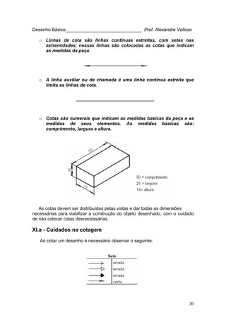 30
Desenho Básico______________________________ Prof. Alexandre Velloso
o Linhas de cota são linhas contínuas estreitas, com setas nas
extremidades; nessas linhas são colocadas as cotas que indicam
as medidas da peça.
o A linha auxiliar ou de chamada é uma linha contínua estreita que
limita as linhas de cota.
o Cotas são numerais que indicam as medidas básicas da peça e as
medidas de seus elementos. As medidas básicas são:
comprimento, largura e altura.
As cotas devem ser distribuídas pelas vistas e dar todas as dimensões
necessárias para viabilizar a construção do objeto desenhado, com o cuidado
de não colocar cotas desnecessárias.
XI.a - Cuidados na cotagem
Ao cotar um desenho é necessário observar o seguinte:
 